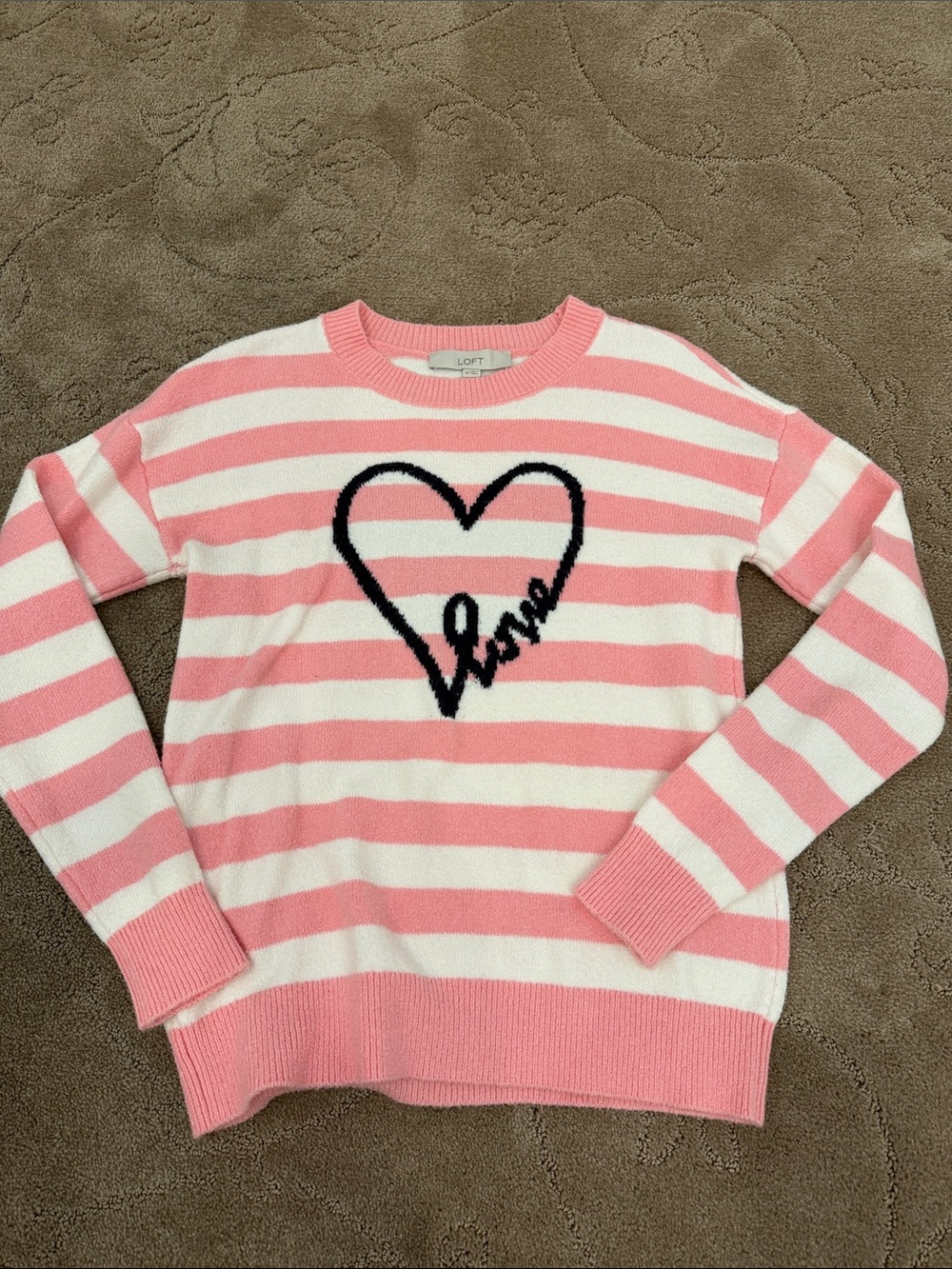 LOFT Pink and White Striped Crewneck Sweater with Black Heart 'Love' Detail